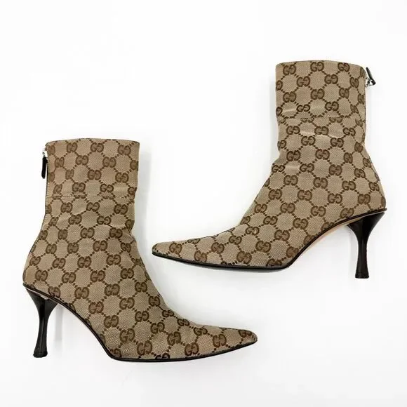 Gucci GG Canvas Ankle Boots Pointed Toe Heels Size 6.5 - Picture 8 of 12